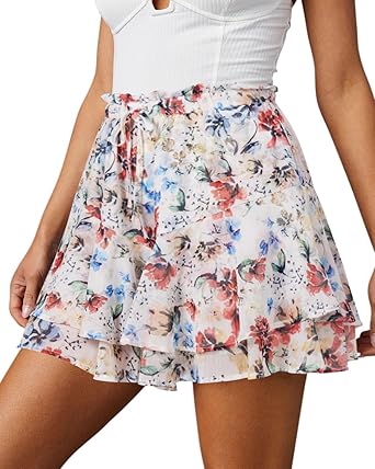 Flowy Shorts for Women Casual Boho Floral Skorts Ruffle Mini Skirts